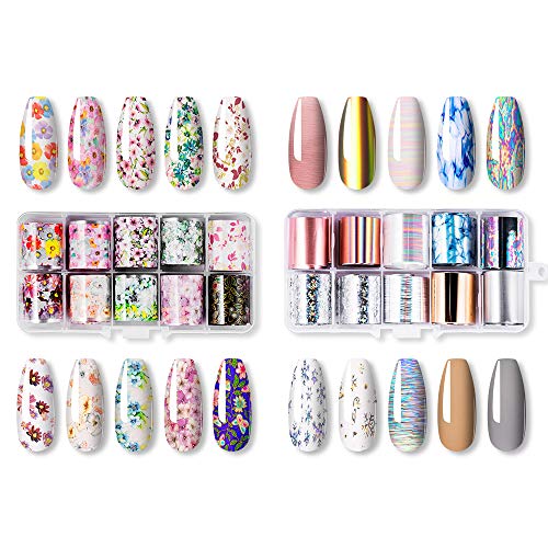 VOXURY Nail Art Foil, 2pcs Glue Gel 20 colores Nail Stickers Tips Wraps Foil Transfer Sticker Glitters Kit de decoración para manicura Acrílico DIY Decoración