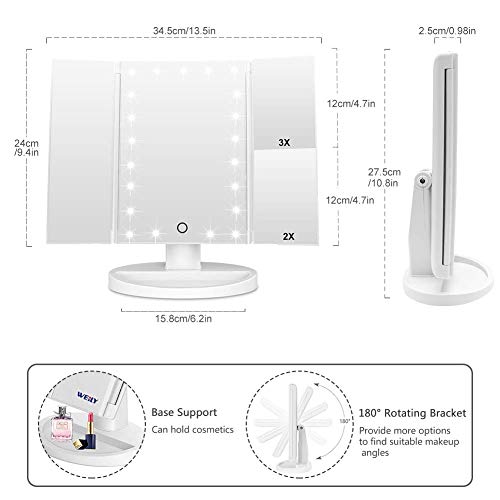 WEILY Espejo de Maquillaje Iluminado Espejo de la vanidad con la ampliación 1X / 2X / 3X, Noches Naturales del LED, Pantalla táctil, Espejo cargable (Blanco)