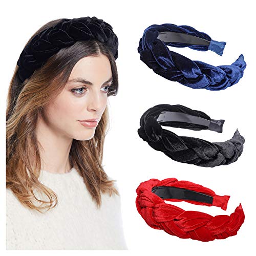 WELROG Acolchado Cintas para la cabeza Mujeres Terciopelo grueso 90s Accesorios para el cabello Banda para la cabeza Banda para el cabello alicia estilo español vintage (azul marino + negro + rojo)