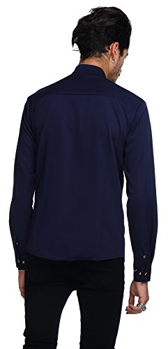 WHATLEES Mens Largo Manga Extra Larga Bordado Dise?o Partido Club BOT¨®n Abajo Vestido Camisa B404-Navy-M