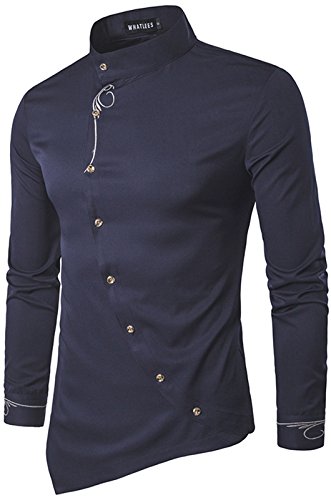 WHATLEES Mens Largo Manga Extra Larga Bordado Dise?o Partido Club BOT¨®n Abajo Vestido Camisa B404-Navy-M