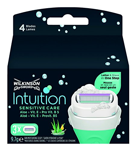 Wilkinson Sword Intuition Sensitive - 3 Recambios de Cuchillas Autoadaptables de 4 Hojas para Mujer, Kit de Depilación Femenina, Morado (4027800007103)