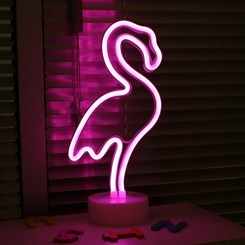 XIYUNTE Flamenco Señales luminosas neón Luz de noche,Rosa flamenco luces de neón Lámparas Iluminación infantil Dormitorio Decoración, Bateria powered Luces de noche con pedestal Lámparas de escritorio