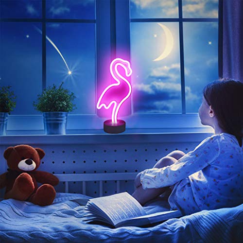 XIYUNTE Flamenco Señales luminosas neón Luz de noche,Rosa flamenco luces de neón Lámparas Iluminación infantil Dormitorio Decoración, Bateria powered Luces de noche con pedestal Lámparas de escritorio