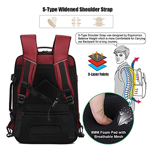 Xnuoyo Mochila para Portátil Hombre, Resistente al Agua Multifuncional Convertible TSA Mochila de Viaje Cabina como Equipaje de Mano Puerto USB de Negocios Trabajo Ordenador (Rojo Oscuro)