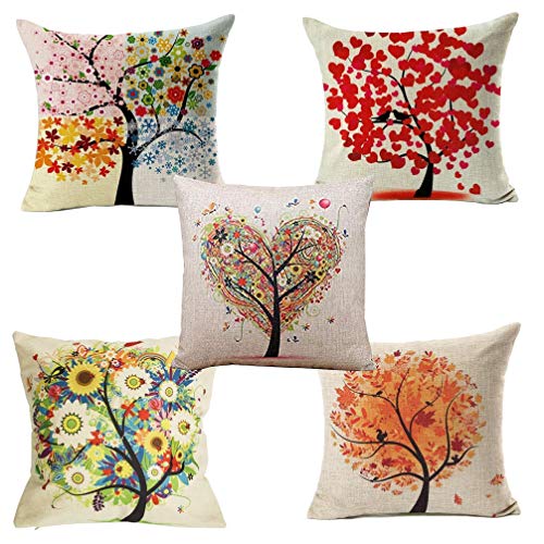 Yangbaga Colorido Otoño（5pc） Flor Árbol Algodón de Lino, Throw Pillow Case, Funda de Almohada para Cojín, 45x45 cm