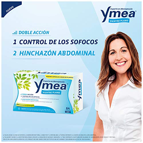 Ymea Vientre Plano | Tratamiento de la Menopausia | Control de Sofocos y Alivia el Hinchazón abdominal| Apto para Uso Prolongado | Sin Estrogenos, Soja o Consevantes| 64 Capsulas | Tratamiento 1 mes