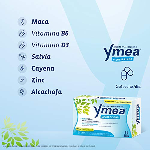 Ymea Vientre Plano | Tratamiento de la Menopausia | Control de Sofocos y Alivia el Hinchazón abdominal| Apto para Uso Prolongado | Sin Estrogenos, Soja o Consevantes| 64 Capsulas | Tratamiento 1 mes