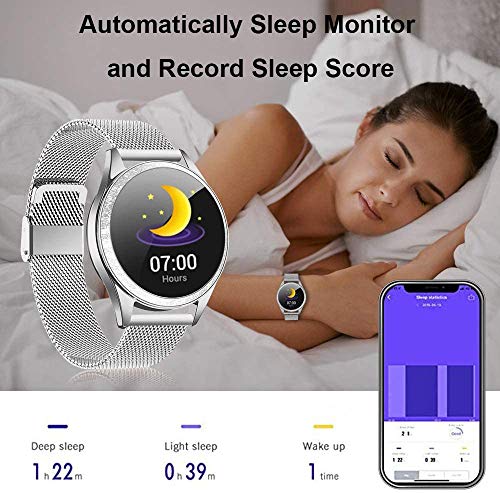 Yocuby Reloj Inteligente Mujer, Reloj Inteligente Bluetooth Fitness Tracker con IP68 Impermeable/Herramienta de período Femenino/SMS Llamada NOTIFICACIÓN/Monitor de Ritmo cardíaco del sueño(Plata)