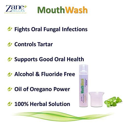 Zane Hellas MouthWash. Enjuague bucal con aceite de orégano. Ideal para la gingivitis, la placa, la boca seca y el mal aliento. Libre de alcohol y flúor. Solución 100% Herbal. 1fl.oz - 30 ml