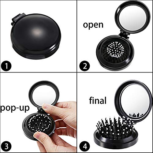 2 Cepillos de Pelo Plegables con Espejo de Viaje Cepillo de Pelo Plegable de Bolsillo Redondo Mini Peine de Cabello Peine de Masaje de Cabello de Viaje de Tamaño Compacto para Mujeres y Chicas (Negro)