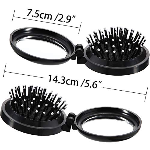 2 Cepillos de Pelo Plegables con Espejo de Viaje Cepillo de Pelo Plegable de Bolsillo Redondo Mini Peine de Cabello Peine de Masaje de Cabello de Viaje de Tamaño Compacto para Mujeres y Chicas (Negro)