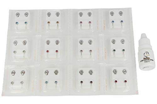 24 pendientes (12 pares) primeros pendientes de acero con 12 colores, incluye cosmético para orejas perforadas, loción para después del piercing, 7 ml