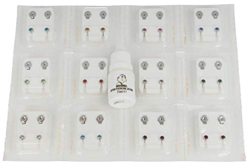 24 pendientes (12 pares) primeros pendientes de acero con 12 colores, incluye cosmético para orejas perforadas, loción para después del piercing, 7 ml