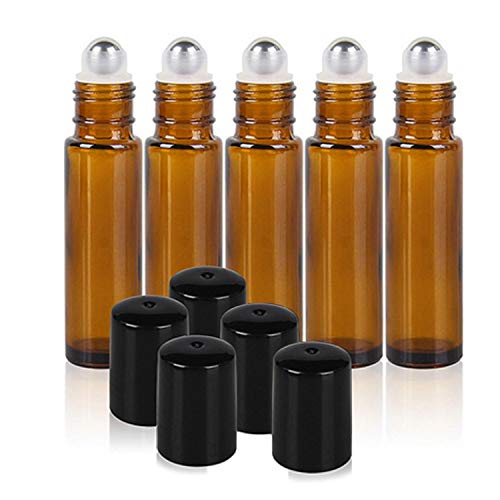 5pcs 10ML + 5pcs 5ML Rodillo Botella + Etiqueta autoadhesiva + Silver Embudo Frasco rotatorio Recargable de Vidrio ámbar vacío portátil para Perfume del Aceite Esencial