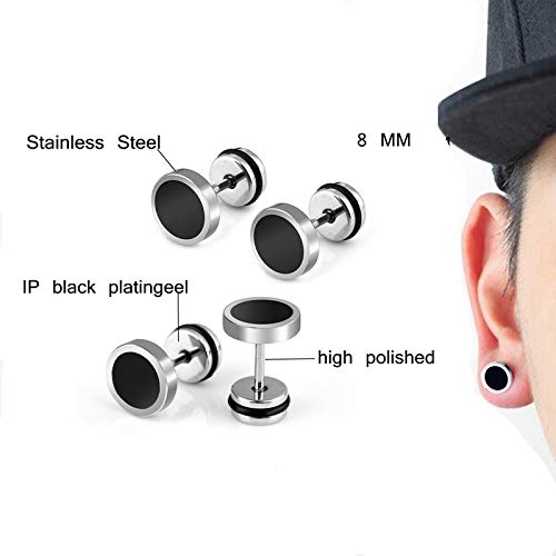 6 Pares de Pendientes de aro de Acero Inoxidable Pendientes para Hombres de Las Mujeres, Pendientes de aretes sin alergia, Plata Negro