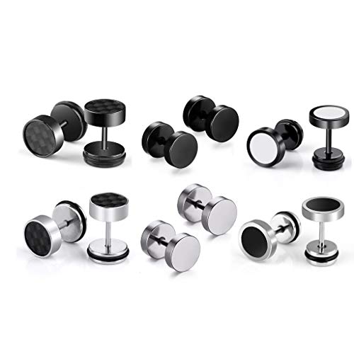 6 Pares de Pendientes de aro de Acero Inoxidable Pendientes para Hombres de Las Mujeres, Pendientes de aretes sin alergia, Plata Negro