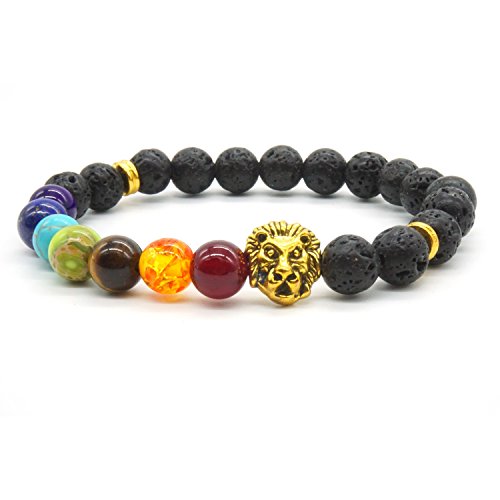 7 Chakras Healing Stone Ajustable Yoga Stretch Pulsera con Aureate Lion Head- Healing Oil Difusor Pulsera