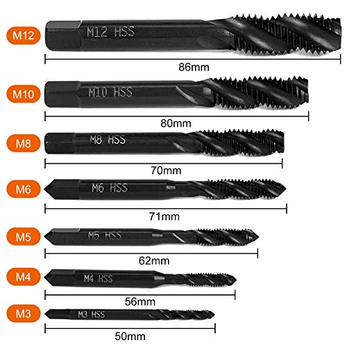 7 Piezas Machos de rosca de tornillo de nitruro, Macho de flauta puntiaguda en espiral de la máquina métricos HSS 6542 Herramienta de roscado M3 M4 M5 M6 M8 M10 M12 para brocas de metal para madera