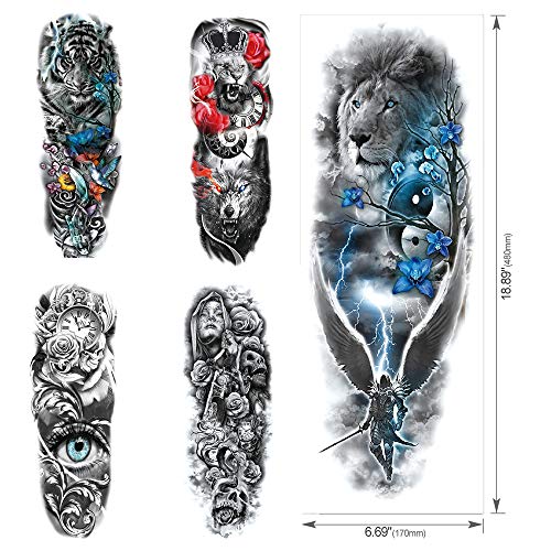 8 Hojas Full Brazo Tatuajes Temporales, Feelairy Grandes Tatuajes Falso Brazo Completo Negro, Tatuaje Temporal Adultos Tatuaje Cuerpo Pegatinas Animales para Hombres Mujeres, Calavera, León, Tigre