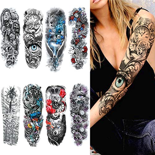 8 Hojas Full Brazo Tatuajes Temporales, Feelairy Grandes Tatuajes Falso Brazo Completo Negro, Tatuaje Temporal Adultos Tatuaje Cuerpo Pegatinas Animales para Hombres Mujeres, Calavera, León, Tigre