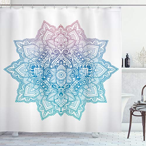 ABAKUHAUS Loto Cortina de Baño, Mandala Zen en Tonos Pastel Estilo Tatoo Bohemio Flor de Loto Abstracta Diseño, Estampa Moderna sobre Tela Resistente al Agua Fácil Limpieza, 175 x 200 cm, Azul Claro