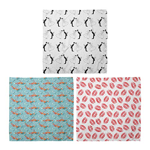 ABAKUHAUS Pack de 3 Bandanas Unisex, El novio y la novia Composición Pareja peces de colores Amor Mujer del lápiz labial de los labios de impresión, Multicolor