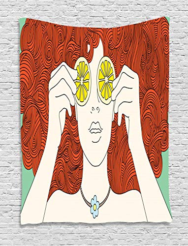 ABAKUHAUS Retro Tapiz de Pared, Rizado Jengibre Pelo De La Muchacha De Limón, para el Dormitorio Apto Lavadora y Secadora Estampado Digital, 150 x 200 cm, Multicolor