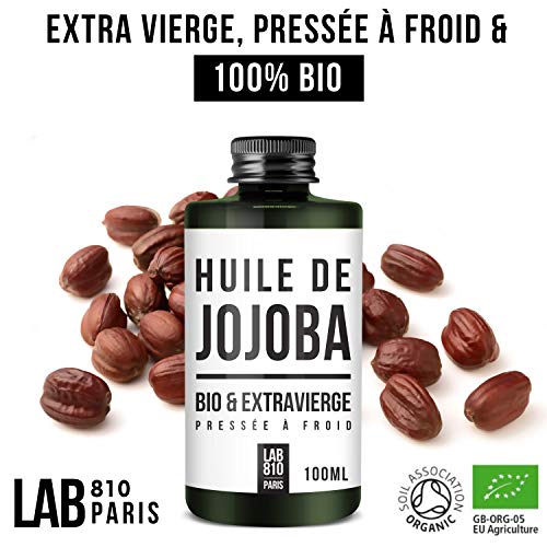 ACEITE BIO DE JOJOBA 100% Puro y Natural, Prensado en frío & Extra Virgen – Beneficios Antioxidantes – Nutre y Estimula el Crecimiento del Cabello – Hidrata y Suaviza la Piel (100ml)