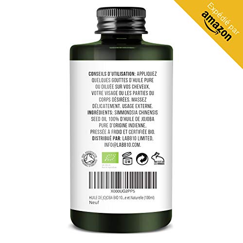 ACEITE BIO DE JOJOBA 100% Puro y Natural, Prensado en frío & Extra Virgen – Beneficios Antioxidantes – Nutre y Estimula el Crecimiento del Cabello – Hidrata y Suaviza la Piel (100ml)