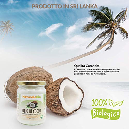 Aceite de Coco Ecológico Extra Virgen 500 ml. Crudo y prensado en frío. 100% Orgánico, Puro y Natural. Aceite bio nativo no refinado. País de origen Sri Lanka. NaturaleBio