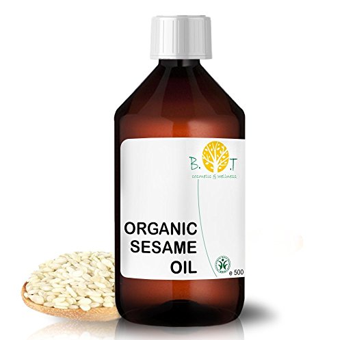 Aceite de Sésamo BIO (500 ml) Aceite de Masaje Ecologico, Aceite Cara, Cuerpo, Cabello, Aceite Vegetal Prensado en Frio 100% Puro Vegano No OGM