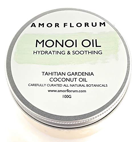 ACEITE MONOI con ACEITE DE COCO Y GARDENIA TAHITIANA - 100 g - por AMOR FLORUM - CONDICIONA Y HIDRATA Piel y cabello. Refresca, hidrata y suaviza la piel seca. Fortalece uñas y cutículas quebradizas.