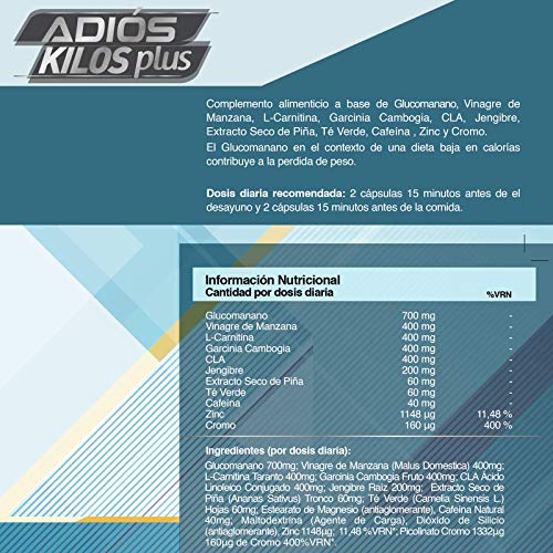 Adiós Kilos Plus | La revolución en pérdida de peso | Potente e innovador adelgazante | Reductor del apetito | Quemagrasas eficaz | Estimulante natural del metabolismo | 100 cápsulas vegetales