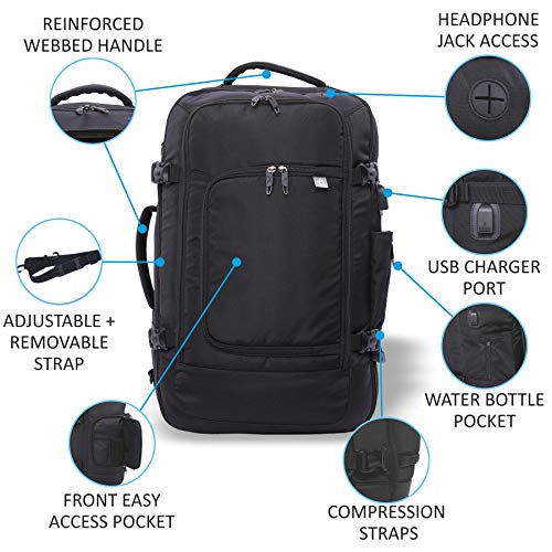 Aerolite 55x35x20cm Equipaje de Mano Equipaje de Cabina 39L 3 en 1 Mochila/Bolsa/Bolsón de Viaje para Ordenador de 38cm y Ropa 55x35x20 Negra