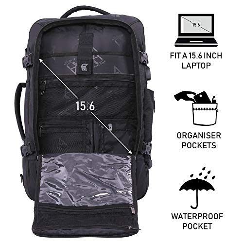 Aerolite 55x35x20cm Equipaje de Mano Equipaje de Cabina 39L 3 en 1 Mochila/Bolsa/Bolsón de Viaje para Ordenador de 38cm y Ropa 55x35x20 Negra