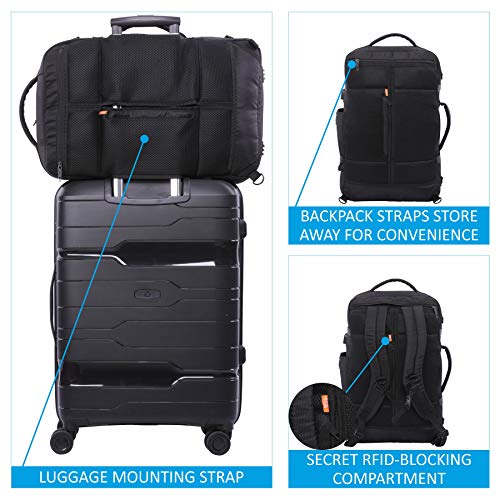 Aerolite 55x35x20cm Equipaje de Mano Equipaje de Cabina 39L 3 en 1 Mochila/Bolsa/Bolsón de Viaje para Ordenador de 38cm y Ropa 55x35x20 Negra