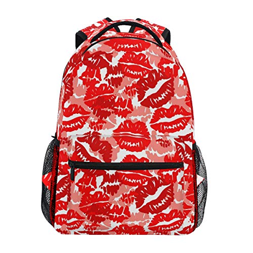 Ahomy Mochila Escolar para Adolescentes y niñas, con Estampado de pintalabios Rojo para el día de San Valentín, Mochila de Viaje, Bolsa de Senderismo para Mujeres y Hombres