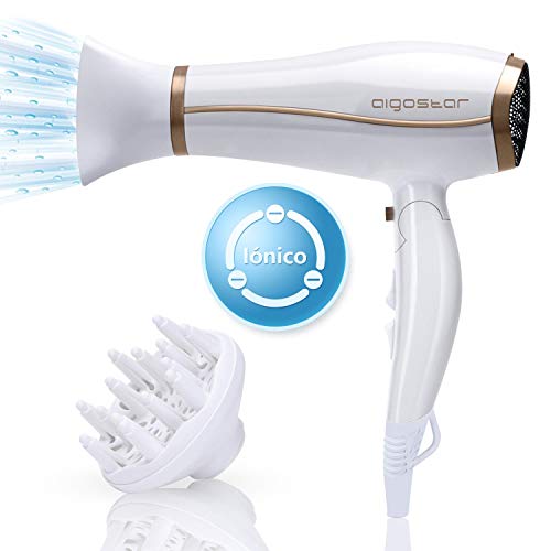 Aigostar Luna 32QUN - Secador de pelo profesional iónico, 2200w, mango plegable, 2 velocidades y 3 ajustes de temperatura. Incluye difusor y boquilla concentradora de aire. Color blanco.