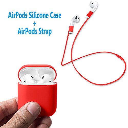 AirPods Case Protective, FRTMA Silicone Skin Case with Sport Strap for Apple AirPods (Red)