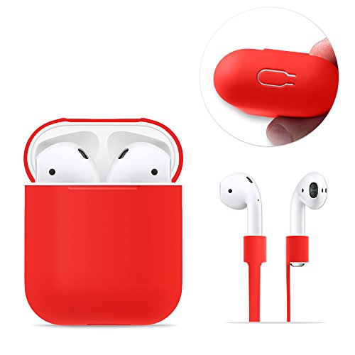 AirPods Case Protective, FRTMA Silicone Skin Case with Sport Strap for Apple AirPods (Red)