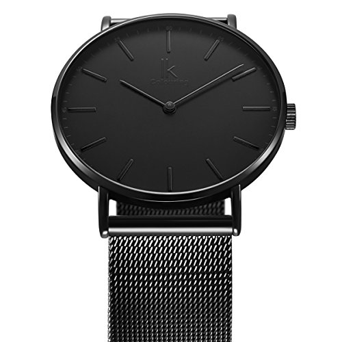 Alienwork IK All-Black Reloj Unisex Relojes Hombre Mujer Acero Inoxidable Banda de Malla Metálica Negro Analógicos Cuarzo Impermeable Ultra-Delgada Slim