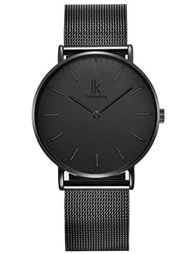 Alienwork IK All-Black Reloj Unisex Relojes Hombre Mujer Acero Inoxidable Banda de Malla Metálica Negro Analógicos Cuarzo Impermeable Ultra-Delgada Slim