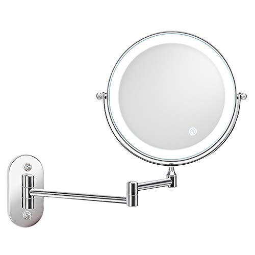 alvorog Espejo de Maquillaje con Luz LED y 1x/5x Aumento Espejos, Espejo de Pared con Doble Cara de 360° Rotación, Luz Ajustable y 0.5h Apagado Automático para Baño, Tocador, Hotel (Plata)