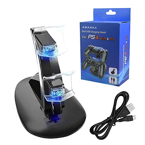 AMANKA Dual USB Dock Station Stand for Playstation 4 Sony PS4 Controller Black with LED light Indicators