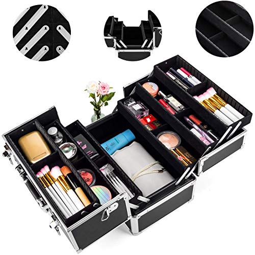 AMASAVA Maletín para Maquillaje, Estuches de Maquillaje, Estuche de Cosméticos, 36.5 x 22 x 27 cm, PVC, Cerradura, 6 bandejas, con Correa para el Hombro, Negro