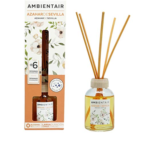 Ambientair. Difusor de Varillas perfumadas. Ambientador Mikado Azahar de Sevilla, difusor con palitos de ratán. El Mejor ambientador sin Alcohol para casa. Ambientador para la Cocina y baño.