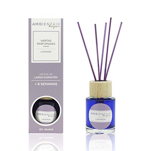 Ambientair Hogar. Difusor de varillas perfumadas. Ambientador Mikado Lavanda. Difusor 50 ml con palitos de ratán. Ambientador sin alcohol para casa.