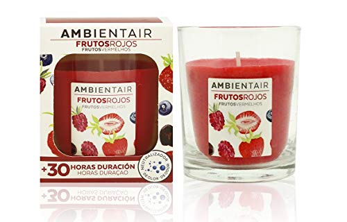 Ambientair. Vela aromática Frutos Rojos. Vela perfumada con Cera Vegetal y Perfume Natural. Duración Estimada de 30 Horas. Disfruta de la aromaterapia en tu casa con Esta Vela en Vaso de Cristal