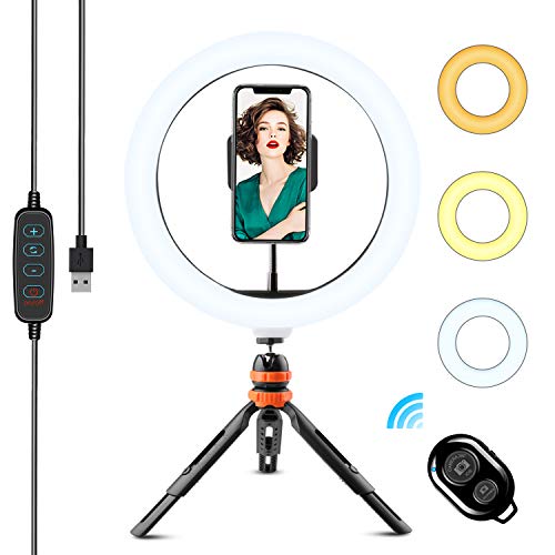 Anillo de Luz LED, WOWGO 10'' Aro de Luz con Trípode, 3 Colores 11 Brillos Regulables Bluetooth Control Remoto, Soporte Giratorio de teléfono para Selfie, Maquillaje, Youtube, TIK Tok Live